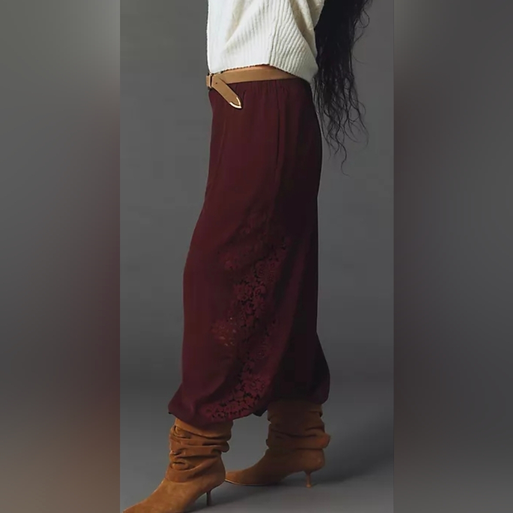 Anthropologie Dark Red Lace-Panel Balloon Pants - Picture 6 of 6